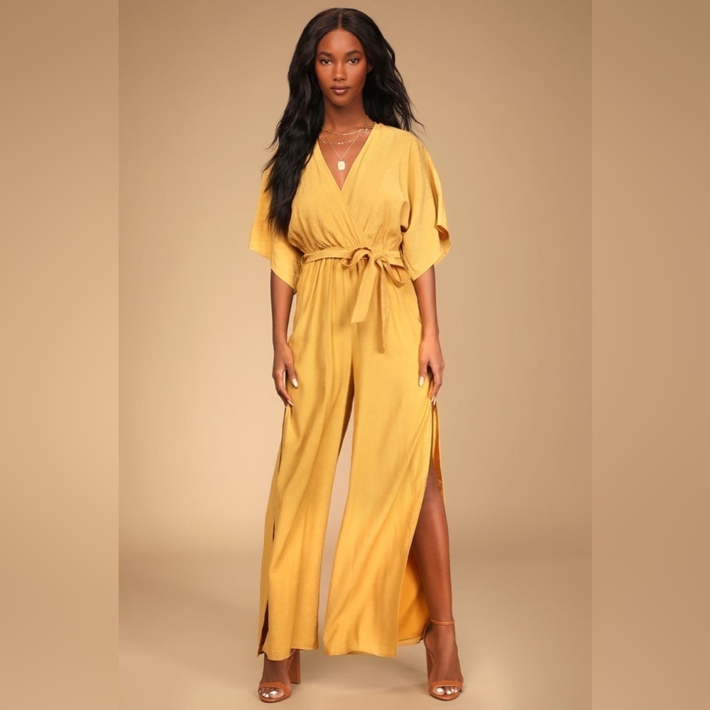 Lulu’s Up To Love Yellow Dolman‎ Sleeve Surplice Wide-Leg Jumpsuit Medium